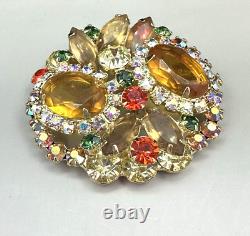 Vintage Juliana D&E Citrine AB Rhinestone Brooch Pin Clip On Earrings -READ