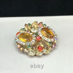 Vintage Juliana D&E Citrine AB Rhinestone Brooch Pin Clip On Earrings -READ