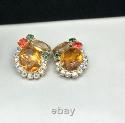 Vintage Juliana D&E Citrine AB Rhinestone Brooch Pin Clip On Earrings -READ