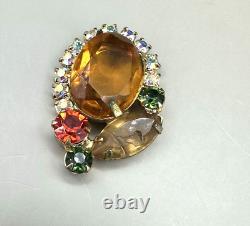 Vintage Juliana D&E Citrine AB Rhinestone Brooch Pin Clip On Earrings -READ