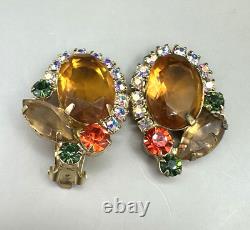 Vintage Juliana D&E Citrine AB Rhinestone Brooch Pin Clip On Earrings -READ