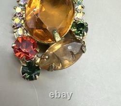 Vintage Juliana D&E Citrine AB Rhinestone Brooch Pin Clip On Earrings -READ