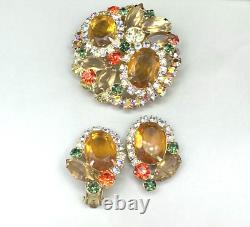 Vintage Juliana D&E Citrine AB Rhinestone Brooch Pin Clip On Earrings -READ