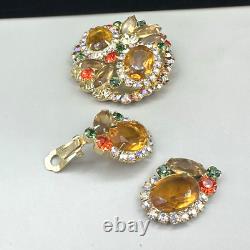 Vintage Juliana D&E Citrine AB Rhinestone Brooch Pin Clip On Earrings -READ