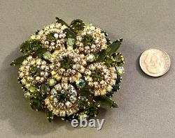 Vintage Juliana D & E Green & AB Rhinestone Prong Set Flower Pin Navette Uranium