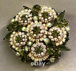 Vintage Juliana D & E Green & AB Rhinestone Prong Set Flower Pin Navette Uranium
