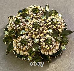 Vintage Juliana D & E Green & AB Rhinestone Prong Set Flower Pin Navette Uranium