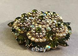 Vintage Juliana D & E Green & AB Rhinestone Prong Set Flower Pin Navette Uranium