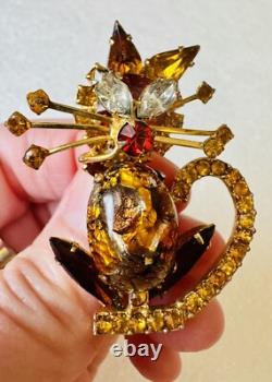 Vintage Juliana D&E Kitty Cat Rhinestones & Colorful Cabochon Brooch Pin