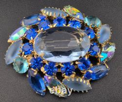 Vintage Juliana D&E Open-Back Blue Rhinestone Brooch Pin 2.25 Gold Tone