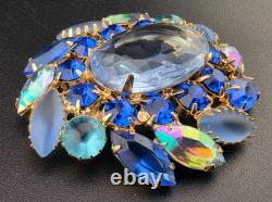 Vintage Juliana D&E Open-Back Blue Rhinestone Brooch Pin 2.25 Gold Tone