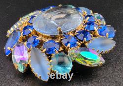 Vintage Juliana D&E Open-Back Blue Rhinestone Brooch Pin 2.25 Gold Tone