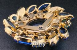 Vintage Juliana D&E Open-Back Blue Rhinestone Brooch Pin 2.25 Gold Tone