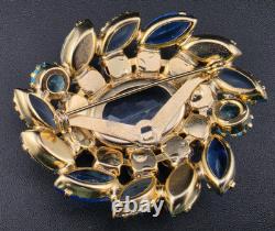 Vintage Juliana D&E Open-Back Blue Rhinestone Brooch Pin 2.25 Gold Tone