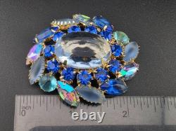 Vintage Juliana D&E Open-Back Blue Rhinestone Brooch Pin 2.25 Gold Tone