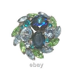 Vintage Juliana D&E Pin Brooch Rhinestones Shade Blue Green Rivoli Navette Round