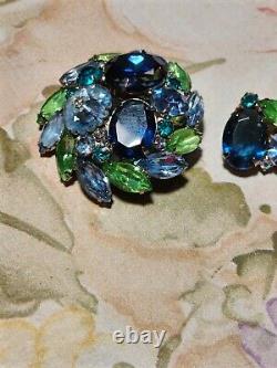 Vintage Juliana D&E Pin Brooch Rhinestones Shade Blue Green Rivoli Navette Round