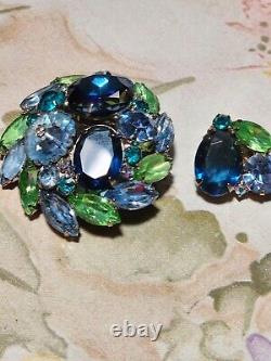 Vintage Juliana D&E Pin Brooch Rhinestones Shade Blue Green Rivoli Navette Round