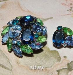 Vintage Juliana D&E Pin Brooch Rhinestones Shade Blue Green Rivoli Navette Round