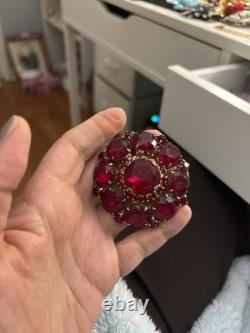 Vintage Juliana D&E Ruby Red Rhinestone Domed Cluster Brooch Gold Tone Verified