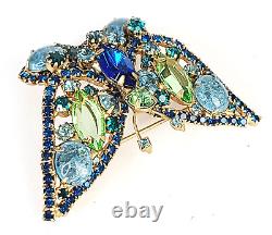 Vintage Juliana D&E Uranium Glass Green & Blue Rhinestone Butterfly Brooch Pin
