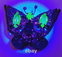 Vintage Juliana D&E Uranium Glass Green & Blue Rhinestone Butterfly Brooch Pin