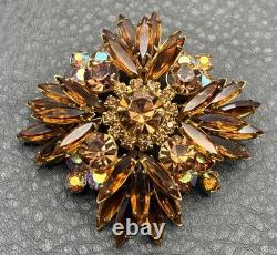 Vintage Juliana Gold Tone Faux Amber AB Rhinestone Starburst Flower Brooch Pin