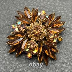 Vintage Juliana Gold Tone Faux Amber AB Rhinestone Starburst Flower Brooch Pin