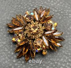 Vintage Juliana Gold Tone Faux Amber AB Rhinestone Starburst Flower Brooch Pin