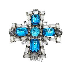 Vintage Juliana Inverted White Givre Aquamarine Rhinestone Maltese Cross Brooch