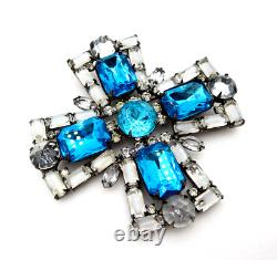 Vintage Juliana Inverted White Givre Aquamarine Rhinestone Maltese Cross Brooch