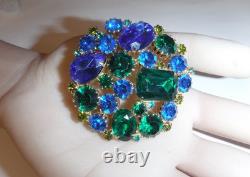 Vintage Juliana Like Large Blue & Green Glass Rhinestone Brooch