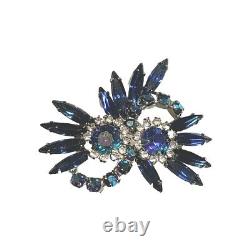 Vintage Juliana Owl Pin Brooch Blue Aurora Borealis Clear Rhinestones 2X 2 EUC