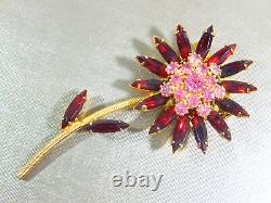 Vintage Juliana Schreiner Era Red & Pink Rhinestone Long Stemmed Flower Brooch