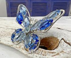 Vintage Juliana Silver Multi Blue Rhinestone Open Setting Butterfly Brooch #88