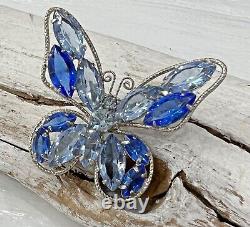 Vintage Juliana Silver Multi Blue Rhinestone Open Setting Butterfly Brooch #88