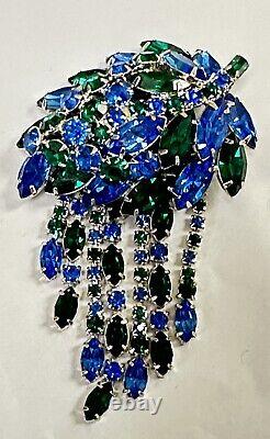 Vintage Juliana Silver Tone Leaf Hanging Blue Green Rhinestones Brooch Pin