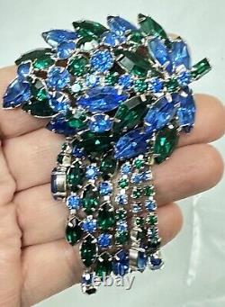 Vintage Juliana Silver Tone Leaf Hanging Blue Green Rhinestones Brooch Pin