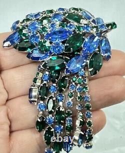 Vintage Juliana Silver Tone Leaf Hanging Blue Green Rhinestones Brooch Pin