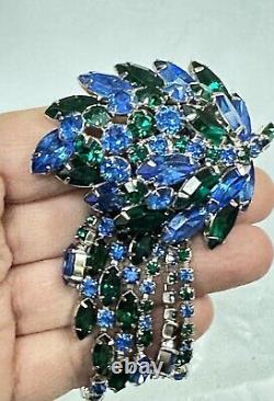 Vintage Juliana Silver Tone Leaf Hanging Blue Green Rhinestones Brooch Pin