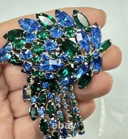 Vintage Juliana Silver Tone Leaf Hanging Blue Green Rhinestones Brooch Pin