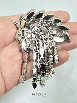 Vintage Juliana Silver Tone Leaf Hanging Blue Green Rhinestones Brooch Pin