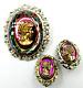 Vintage Juliana Watermelon Glass Cameo AB Rhinestone Brooch Pendant Earrings Set