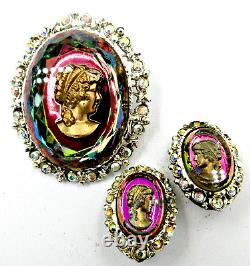 Vintage Juliana Watermelon Glass Cameo AB Rhinestone Brooch Pendant Earrings Set