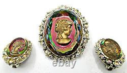 Vintage Juliana Watermelon Glass Cameo AB Rhinestone Brooch Pendant Earrings Set