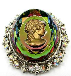 Vintage Juliana Watermelon Glass Cameo AB Rhinestone Brooch Pendant Earrings Set