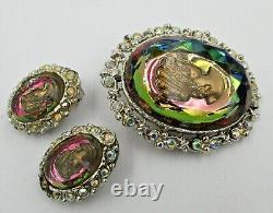 Vintage Juliana Watermelon Glass Cameo AB Rhinestone Brooch Pendant Earrings Set