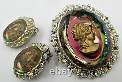 Vintage Juliana Watermelon Glass Cameo AB Rhinestone Brooch Pendant Earrings Set