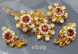 Vintage Juliana Yellow White rhinestone Flowers Gold tone Brooch Earrings Set