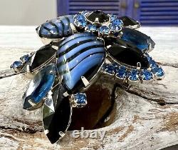 Vintage Julianna Silver Tone Open Back Blue Rhinestone Glass Flower Brooch #112